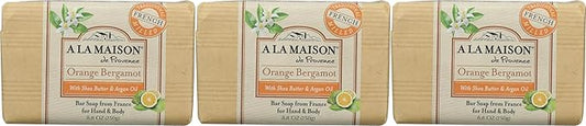 A LA MAISON Triple French Milled Bar Soap, 8.8 Ounces - Natural Moisturizing Hand Soap Bar (3 Bar of Soap, 8.8 Ounces, Orange Bergamot)