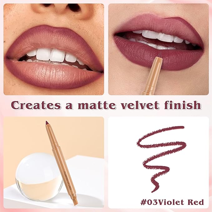 Matte Lip Liner, Plump Lipliner Pencil Crayon，Creamy Matte Finish with Silicone Smudger For Women, High-Pigment Smooth Formula for Sculpting &Contours Lip，Longwear，Lips Makeup，03#Violet Red