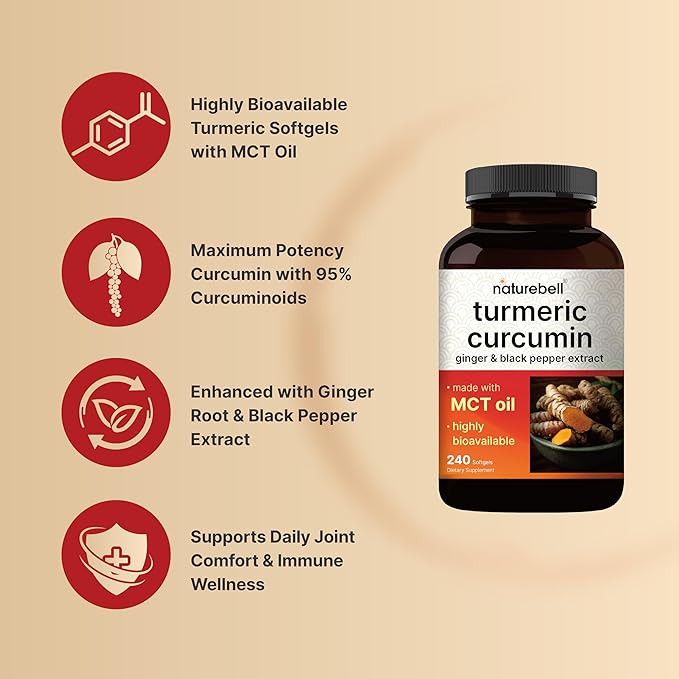 Turmeric Curcumin Supplement 3,000mg Equivalent with 95% Curcuminoids, Ginger, & Black Pepper | 240 Softgels with MCT Oil for Better Absorption (120 Day Supply)