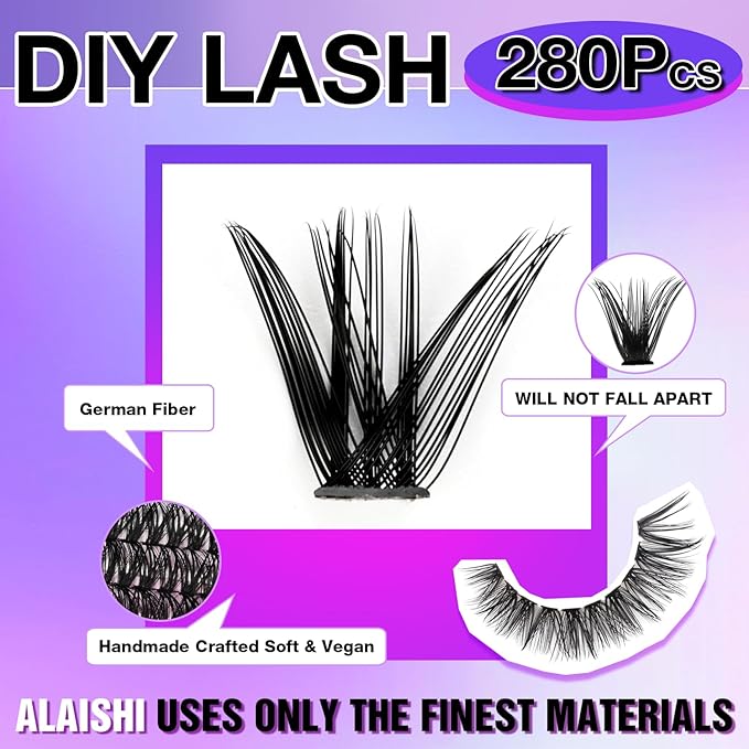 Lash Clusters Kit, DIY Cluster Eyelash Extensions 9‑16mm, 40D+50D, 280pcs Fluffy D Curl Natural Lashes with Bond & Seal,Tweezers–Fake Cat Eye Wispy Individual Clusters