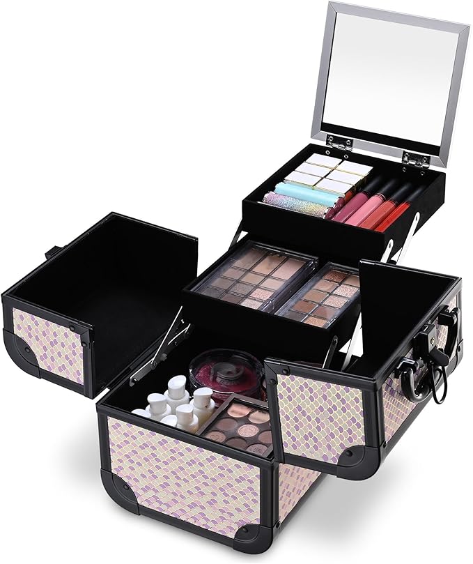 BYOOTIQUE Makeup Train Case Trolley w/Cube Case Cosmetic Organizer Art Deco Tyrian