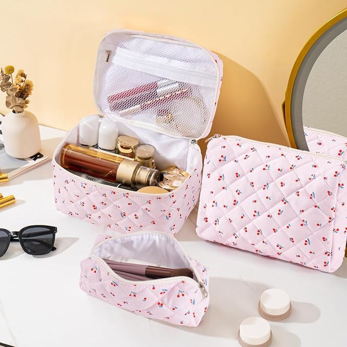 Makeup Bag for Women 3PCS Quilted Cotton Make Up Bag Travel Cosmetic Bag Large Makeup Bag Set Cute Makeups Organizer Floral Toiletry Pouch for Purse, Mini Cherry