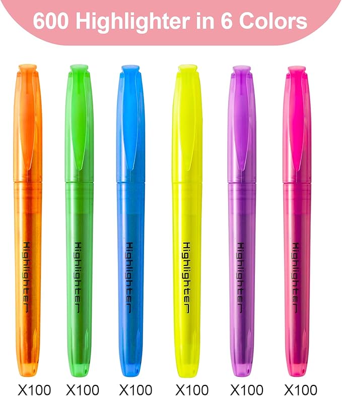 600 Pcs Highlighter in 6 Assorted Colors Chisel Tip No Bleed & Dry-Quickly Highlighters Bulk for Adult Kids, Office Classroom School Supplies for Teachers