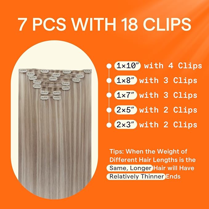 Full Shine Ash Blonde Clip in Hair Extensions Human Hair 22 Inch Ash Blonde Extensions Seamless Clip in Hair Extensions Human Hair for Women 7 Pcs 120 G