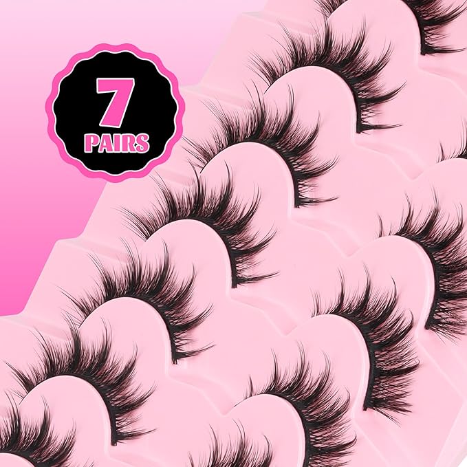 Veleasha Lashes Kit Manga Eyelashes Cat Eye Lashes Spiky Eyelash C Curl with Lash Glue & Tweezers Lash Wispy Natural Look False Eyelashes with Soft Cotton Band 7 Pairs Pack (Sunny Kit)