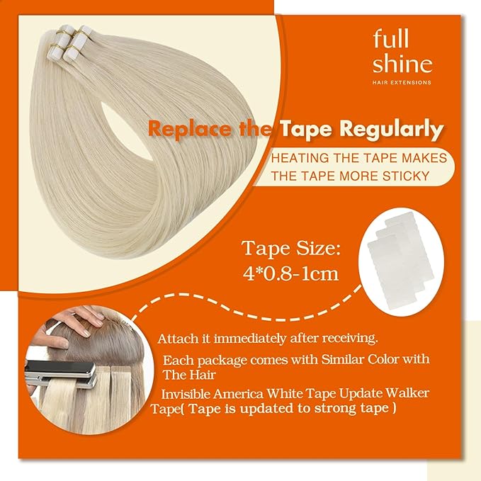 Full Shine Tape in Hair Extensions Human Hair 60 Platinum Blonde Tape Hair Extensions Real Human Hair 18Inch Seamless Skin Weft Human Hair Extension Tape ins 50G 20Pcs Invisible Remy Hair