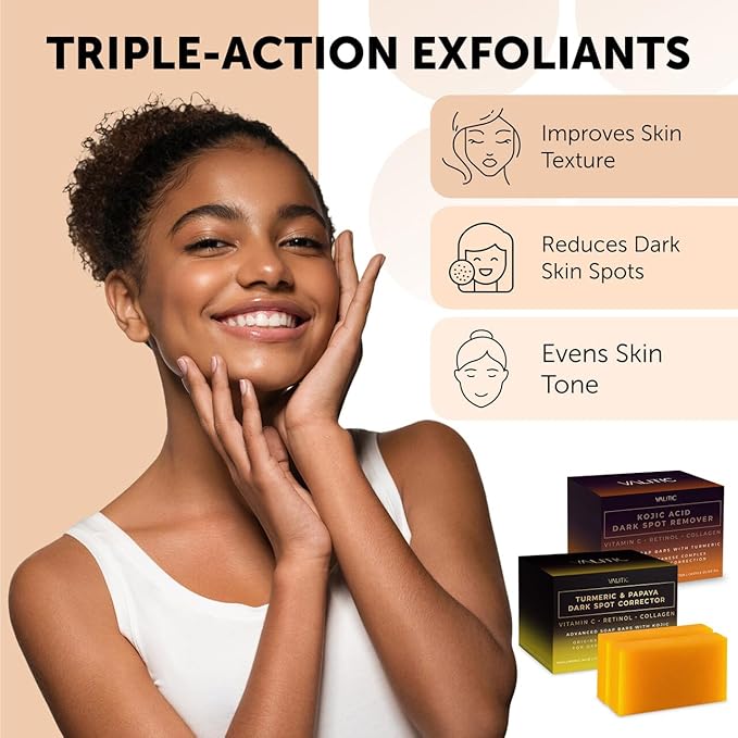 VALITIC Papaya and Turmeric Kojic Acid Soap Bar - Dark Spot Corrector Skin Care Cleansing Bar - Infused with Vitamin C, Hyaluronic Acid, Collagen - Papaya 2 Pack, Kojic 2 Pack