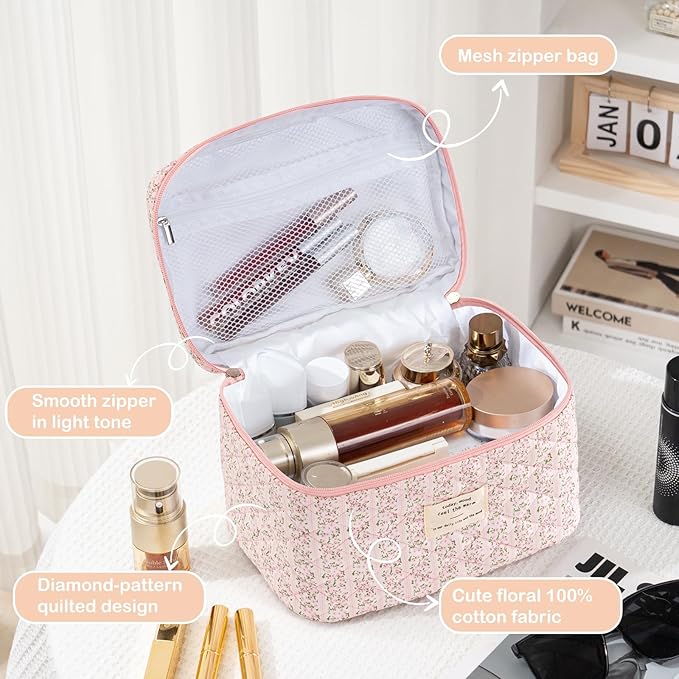 Makeup Bag for Women 3PCS Quilted Cotton Make Up Bag Travel Cosmetic Bag Large Makeup Bag Set Cute Makeups Organizer Floral Toiletry Pouch for Purse, Pink Stripe