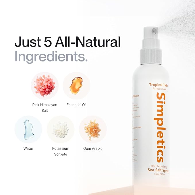 Simpletics Himalayan Sea Salt Hair Spray (Tropical Scent) – Natural 5-Ingredient Formula for Beach Waves & Volume – Light Hold, Non-Greasy, Paraben & Sulfate Free – Unisex 8 fl oz