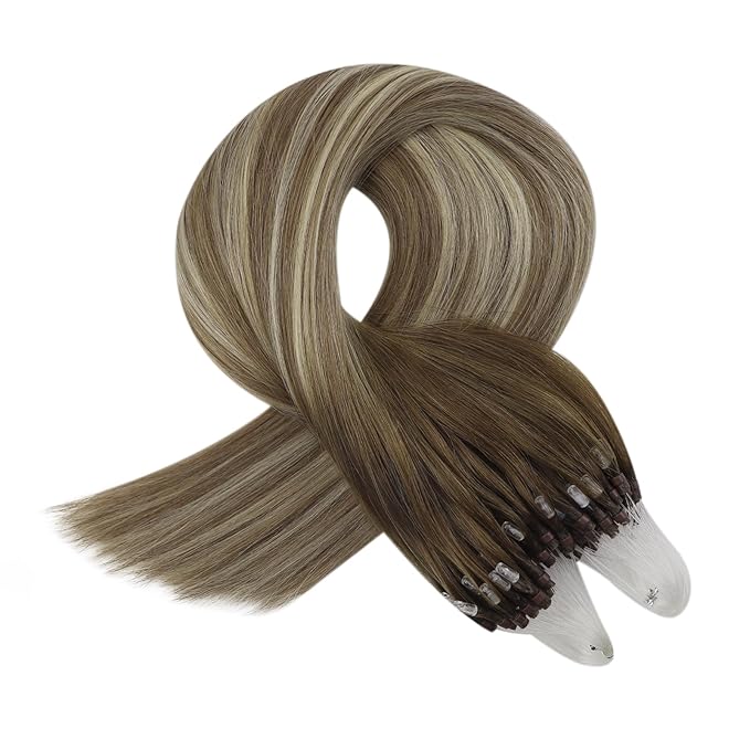 Full Shine Micro Bead Hair Extensions Real Human Hair Color 3 Brown Fading to 8 Ash Brown and 22 Blonde 14 Inch 50 Grams Microlink Hair Extensions Remy Hair for Women