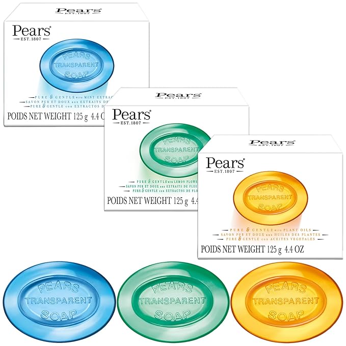 Pears Glycerin Soap Bar Variety 3-Pack, Transparent Green, Blue, and Amber Bars for Soft, Glowing Skin, 4.4 Oz Ea