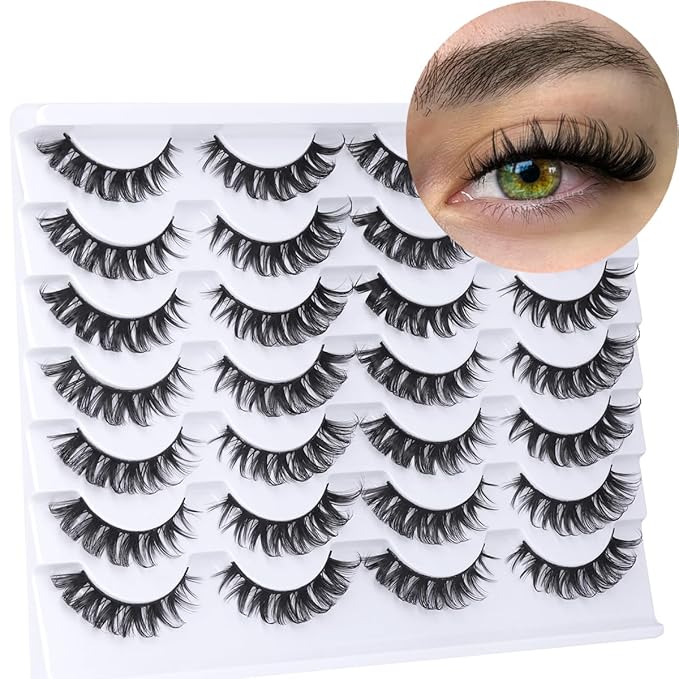 Fake Eyelashes Wispy Faux Mink Lashes D Curly 3D Volume False Lashes Russian Strip Lashes Pack, 14 Pairs