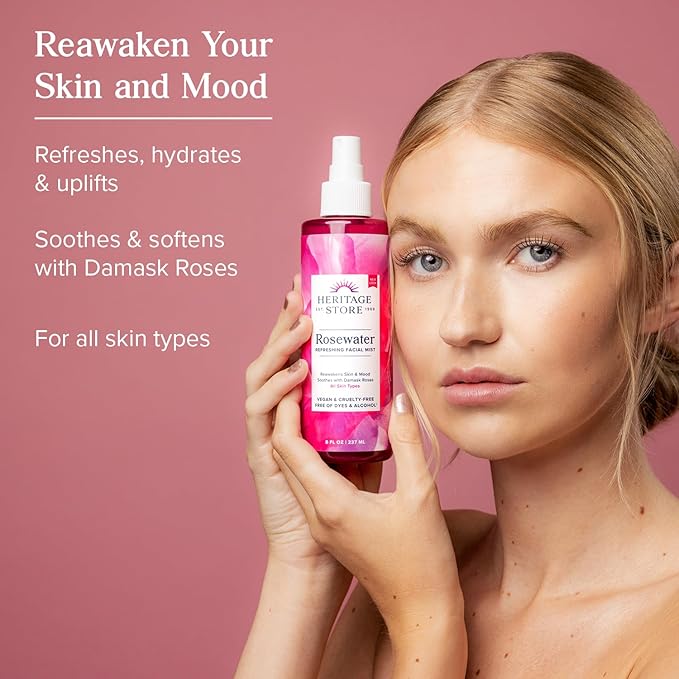 HERITAGE STORE Rosewater - Refreshing Face Mist with Damask Rose, All Skin Types - Hydrating Rose Water Spray for Glowing Skin Care - No Dyes or Alcohol, Hypoallergenic, Vegan, 60-Day Guarantee, 8oz