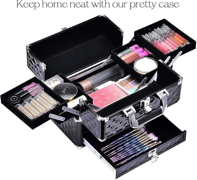 Joligrace Makeup Train Cases Professional Travel Makeup Cosmetic Cases Organizer Portable Box with Drawer Black