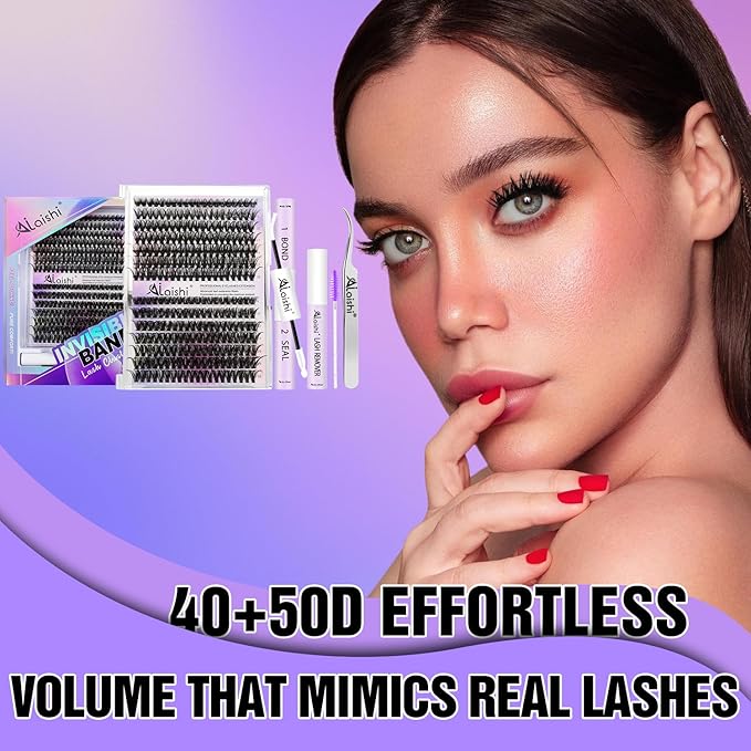 Lash Clusters Kit, DIY Cluster Eyelash Extensions 9‑16mm, 40D+50D, 280pcs Fluffy D Curl Natural Lashes with Bond & Seal,Remover,Tweezers,Brush–Fake Cat Eye Wispy Individual Clusters