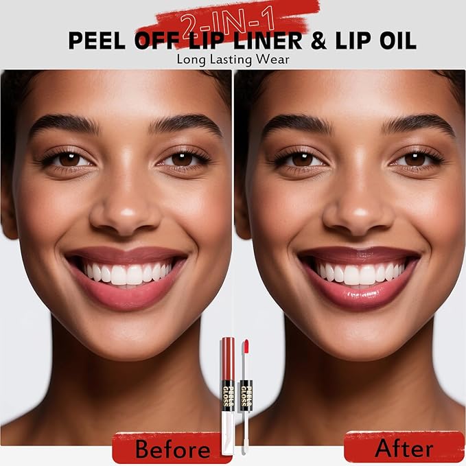 Lip Stain Peel Off Lip Oil 2 in 1 Combo Set, Brown Long Lasting Tattoo Lip Liner Stain, Transfer-Proof Lip Tint Matte Finish Moisturizing Lip Gloss for Women Daily Makeup, Easy to Apply
