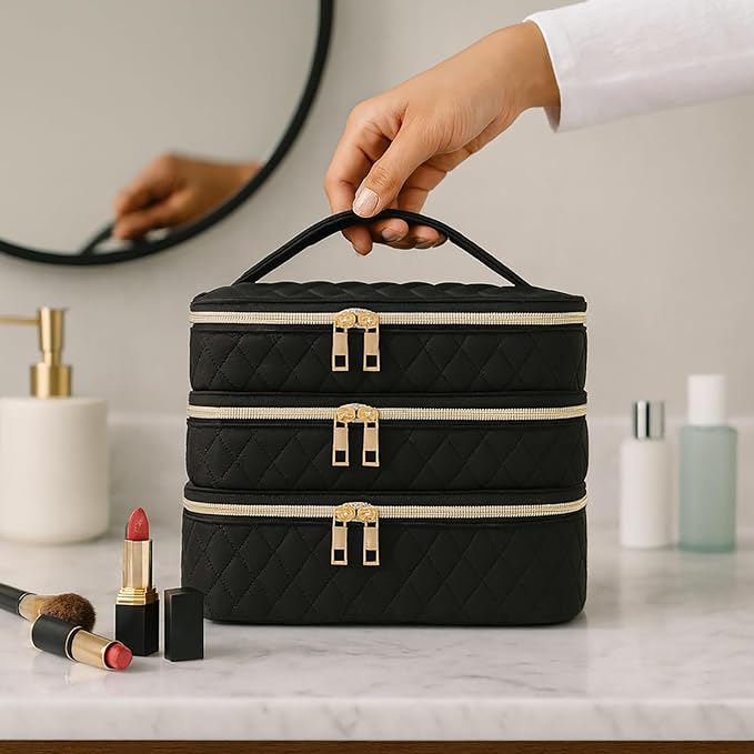 Travel Makeup Bag for Women Three Layer Large Cosmetic Case Water-resistant Toiletry Bag Organizer for Store Toiletries Cosmetic Accessories and Manicure Sets Black