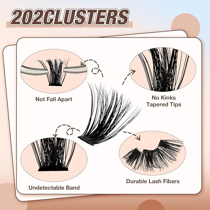 Lash Clusters Kit, DIY Cluster Eyelash Extensions 10‑20mm, 90D+100D, 202pcs Fluffy D Curl Natural Lashes with Bond & Seal,Tweezers–Fake Cat Eye Individual Clusters