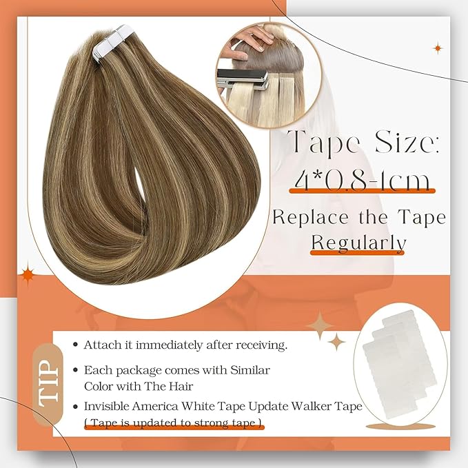 Full Shine Tape in Human Hair Extensions 12 Inch PU Tape Hair Double Sided Tape in Extension 4 Medium Brown Highlight 27 Honey Blonde Remy Skin Weft Tape ins Human Hair 30g Invisible Hair Extensions