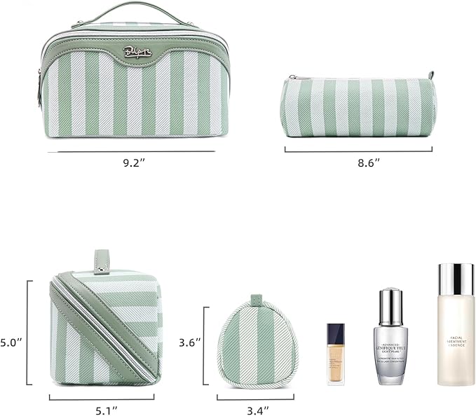 BOYATU Travel Makeup Bag for Women: Large Cosmetic Bag Set of 3 - PU Leather Make up Bag with Compartments - Compact Waterproof Toiletry Bag with Divider & Handle (B-3-Green)