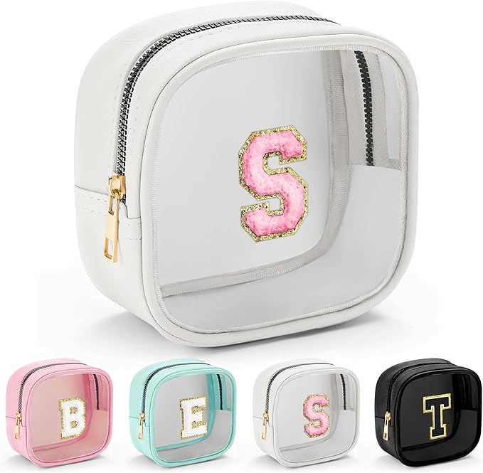 YOOLIFE Initial Make Up Bag Travel Toiletry Bag, Clear Makeup Bag Preppy Cosmetic Bags Organizer Travel Essentials Gifts for Women Teen Girlfriend Teacher Mom Birthday Mothers Day Gifts White S