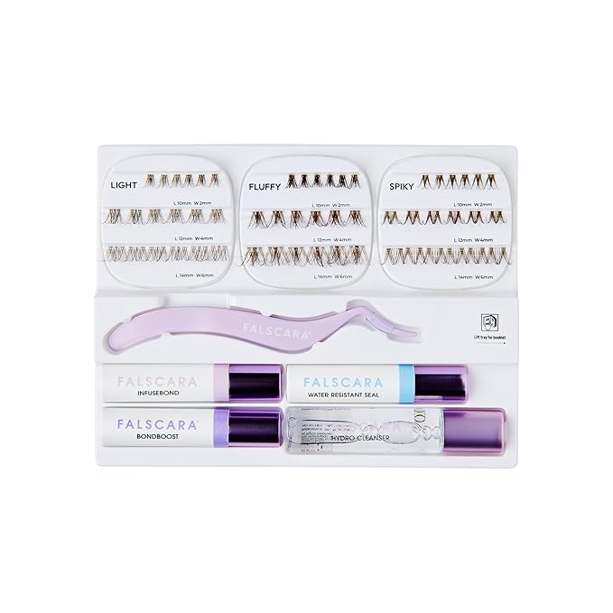 FALSCARA STUDIO Lash Extension Kit, 54 Stackable Lash Clusters, Medium Volume, 10mm-14mm, ‘Dark Chocolate’, False Eyelashes, InfuseBond, Water-Resistant Seal, BondBoost, Hydro Cleanser, Applicator