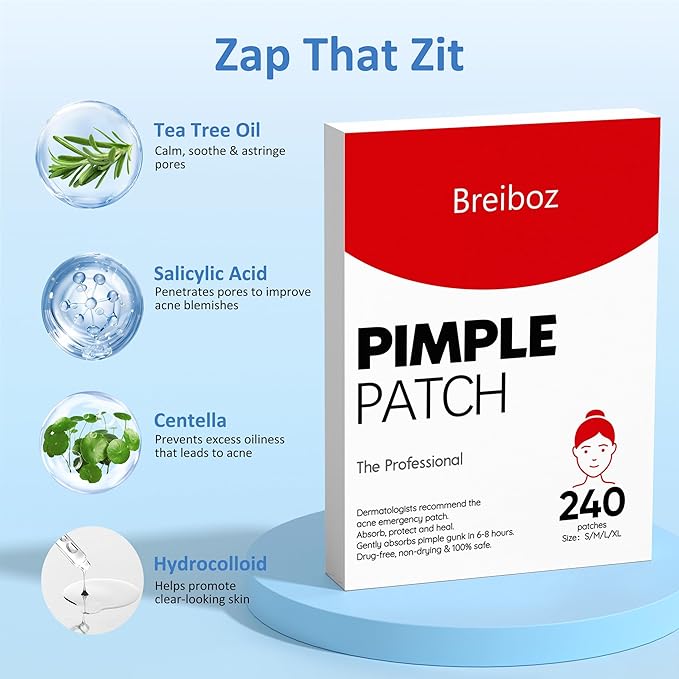 Pimple Patches for Face, Skincare Hydrocolloid Acne Pimple Patch Invisible Zit Covers with Tea Tree, Salicylic Acid & Cica Oil | 4 Size 240 Counts