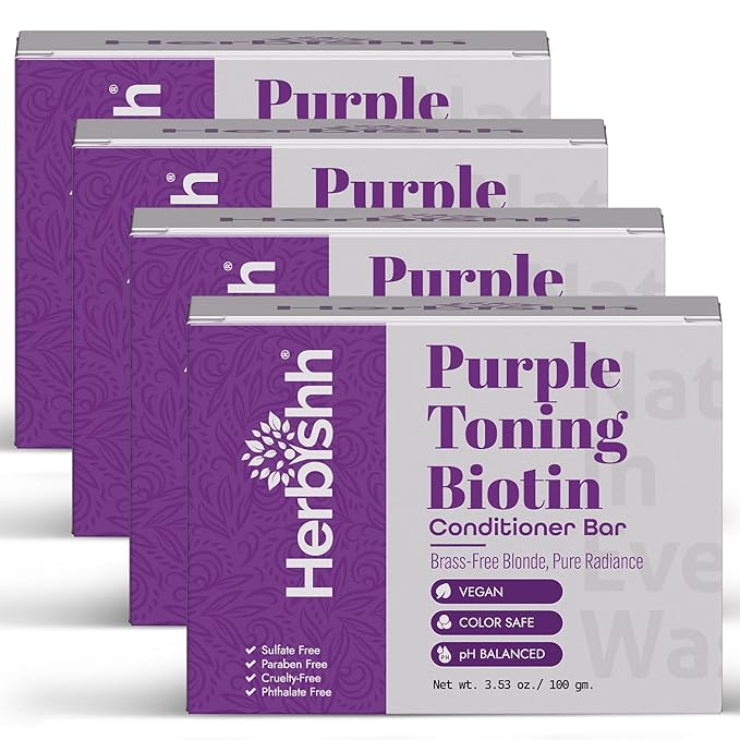 Herbishh Purple Toning Conditioner Bar for Blonde, Silver & Gray Hair, Neutralizes Brassiness, Adds Shine & Moisture, Biotin Conditioner Bar, Sulfate-Free, 3.53 oz Pack of 4