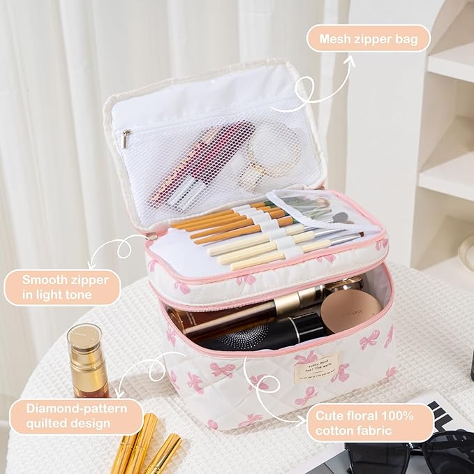 Large Makeup Bag for Women 3PCS Quilted Cotton Make Up Bag Travel Cosmetic Bag Large Makeup Bag Set Cute Bow Makeup Organizer Floral Toiletry Bag Makeup Pouch for Purse, Bow A