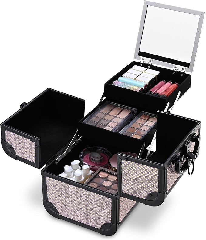 BYOOTIQUE Makeup Train Case Trolley w/Cube Case Cosmetic Organizer Art Deco Graphite