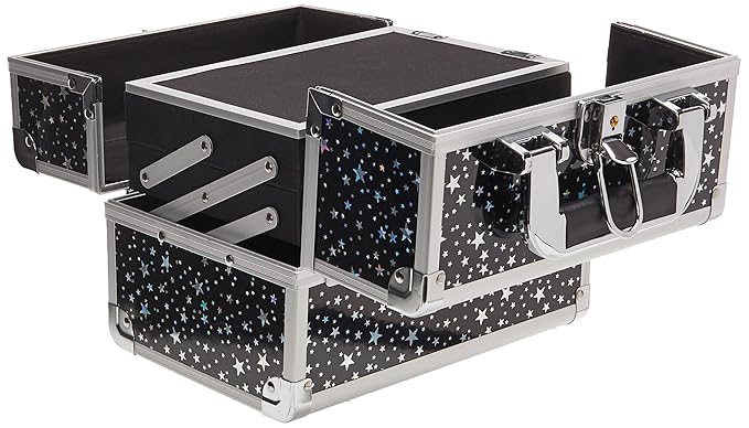 Joligrace Makeup Train Case Portable Cosmetic Box 2 Trays with Mirror Lockable for Makeup Nail Tech and Beauticians Traveling Makeup Storage Organizer - Black Star