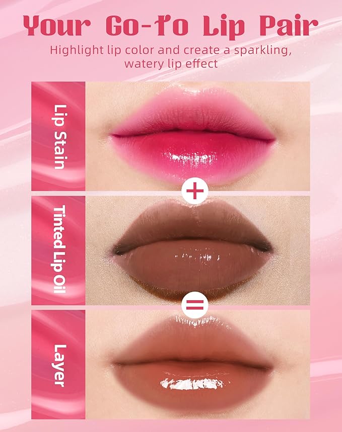 bayfree Tinted Lip Oil & Lip Stain Set, Korean Makeup, Smudge-Proof,Long-Wearing, 2-in-1 Cheek and Lip Tint with Moisturizing, High-Shine, Lightweight & Non-Sticky for Dry Lips, Cruelty-Free & Vegan