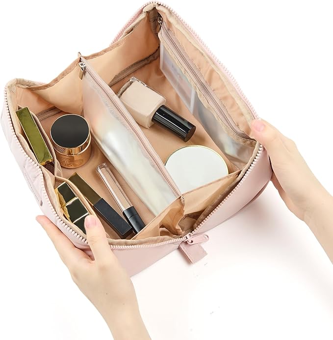 NISHEL Travel Makeup Bag for Women, Fluffy & Lightweight Open Flat Cosmetic Organizer with Multiple Functional Divider for Brush Independent Storage, Handle for Easy Portability, Pink