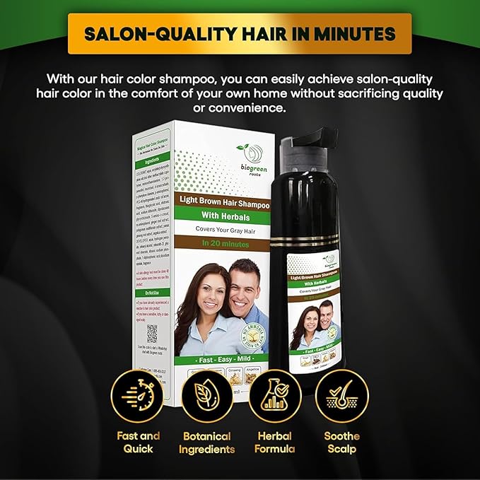 Ammonia-Free & Paraben Free Herbal Hair Shampoo - Hair Dye Shampoo for Women & Men - Natural Color and Herbal Nourishment - No Stain on Skin - Light Brown (2 bottles x 200 ml)