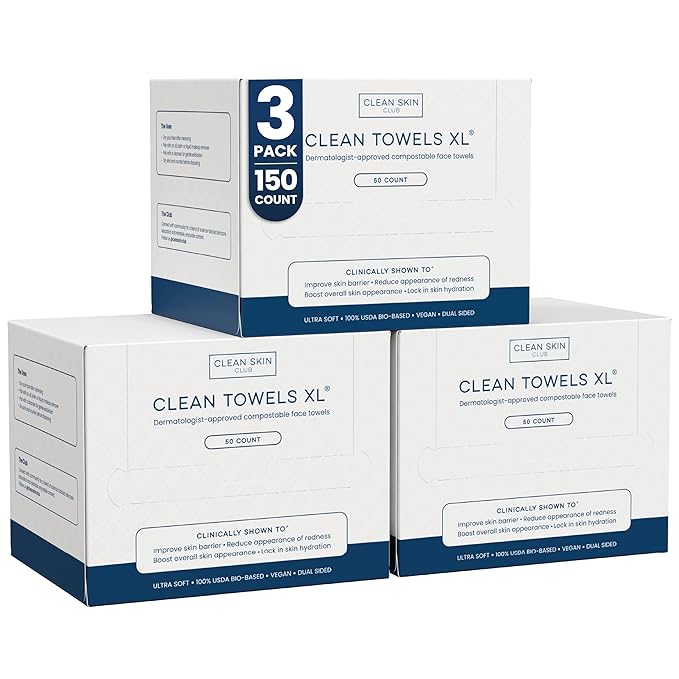Clean Skin Club Clean Towels XL®, 100% USDA Biobased Face Towel, Disposable Face Towelette, Eczema Association Accepted, Makeup Remover Dry Wipes, Ultra Soft, 50 ct per pack, 3 Packs, 150 Ct Total