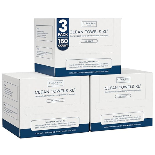 Clean Skin Club Clean Towels XL®, 100% USDA Biobased Face Towel, Disposable Face Towelette, Eczema Association Accepted, Makeup Remover Dry Wipes, Ultra Soft, 50 ct per pack, 3 Packs, 150 Ct Total