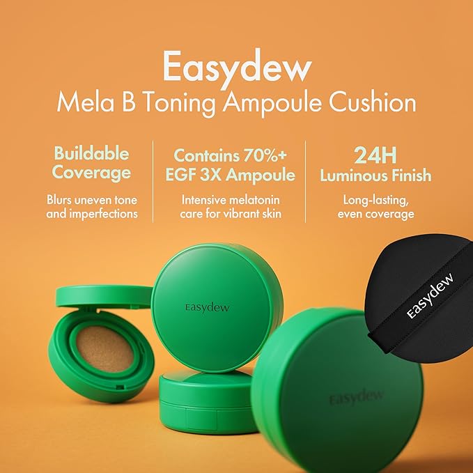 Easydew Mela B Toning Ampoule Cushion - 2-in-1 Korean Skin Care & Face Beauty Makeup - Age-Defying Full Coverage Cushion Foundation with Niacinamide & Hyaluron-Vital C 0.45 oz (#27 Golden)