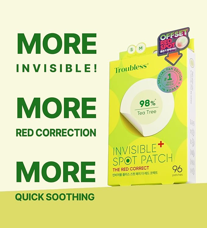 Troubless Invisible Plus Spot Patch The Red Correct - Thin Hydrocolloid w/ 98% Tea Tree Extract for Redness - High-Absorption, Seamless Adhesion & Easy-Wear Zit Patches for Face (96 ea)