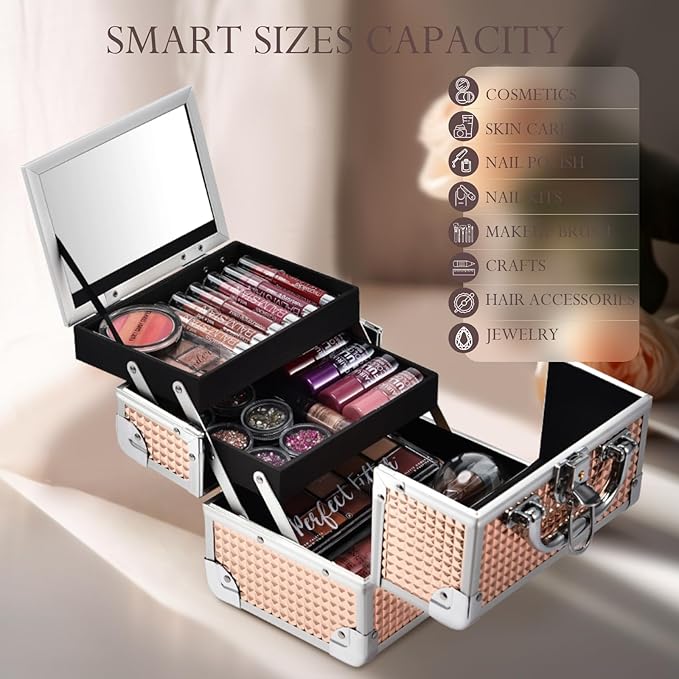 FRENESSA Makeup Case Train Case Portable Makeup Box with Mirror Lock Box Travel Cosmetic Train Cases Hard Makeup Organizer for Nail Craft Storage Vanity Rose Gold