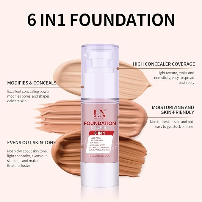 6-in-1 Makeup Infused with 1% Hyaluronic Acid- Matte + Poreless Liquid Foundation For A Glowing & Soft-Focus Look, Suitable for All Skin Types (408 Deep, Moisturizing Foundation)