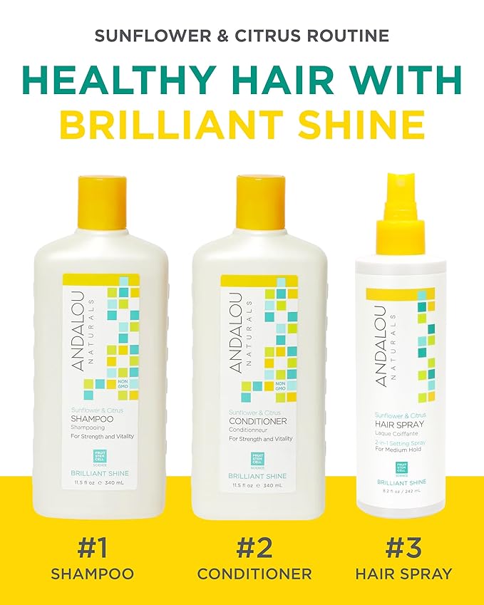Andalou Naturals Sunflower & Citrus Brilliant Shine Hair Spray | Styling for Shine & Medium Hold | Aloe Vera for Frizz Control | Natural & Cruelty Free | 8.2 fl oz
