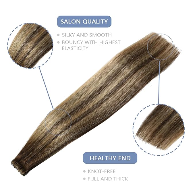 COOKAYU Tape in Human Hair Extensions, Invisible Tape in Extensions Medium Brown to Caramel Blonde 16Inch 35g 20pcs Injected Human Hair Seamless Invisi Edge Tape