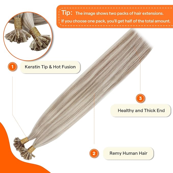 Full Shine Keratin Tip Hair Extensions Human Hair 24 Inch 50 Grams Ash Blonde and Bleach Blonde Ktip Human Hair Extensions Straight Extensions Soft Natural Hair for Women