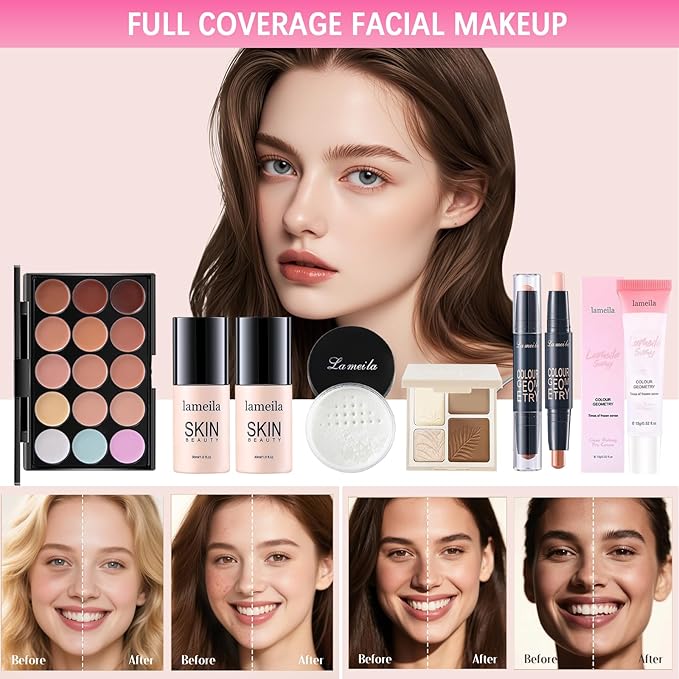 All in One Makeup Kit for Women Full Kit, Makeup Gift Sets for Women Teens Girls, Makeup Essential Bundle Includes Eyeshadow Palette Foundation Eyeliner Contour Stick Lip Gloss Cosmetic Brush Set
