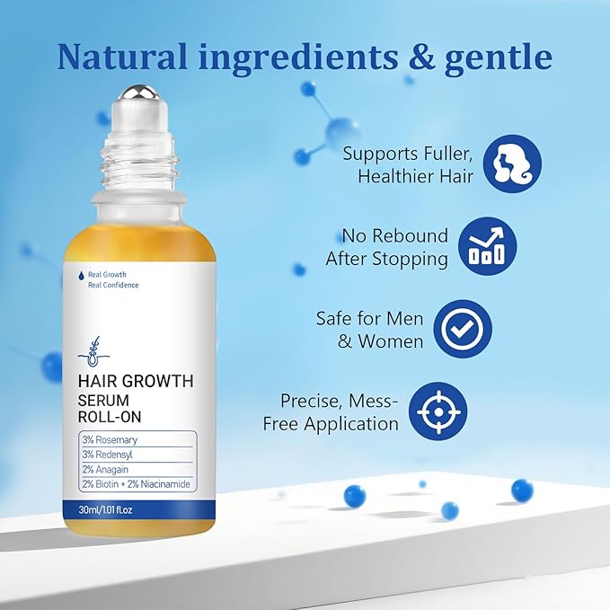 Hair Growth Roll-On Serum - 3% Rosemary, 3% Redensyl, 2% AnaGain + Biotin & Niacinamide, Portable Roller for Targeted Scalp Nourishment, No-Rinse Formula & Fast Absorbing, Easy to Apply Anywhere