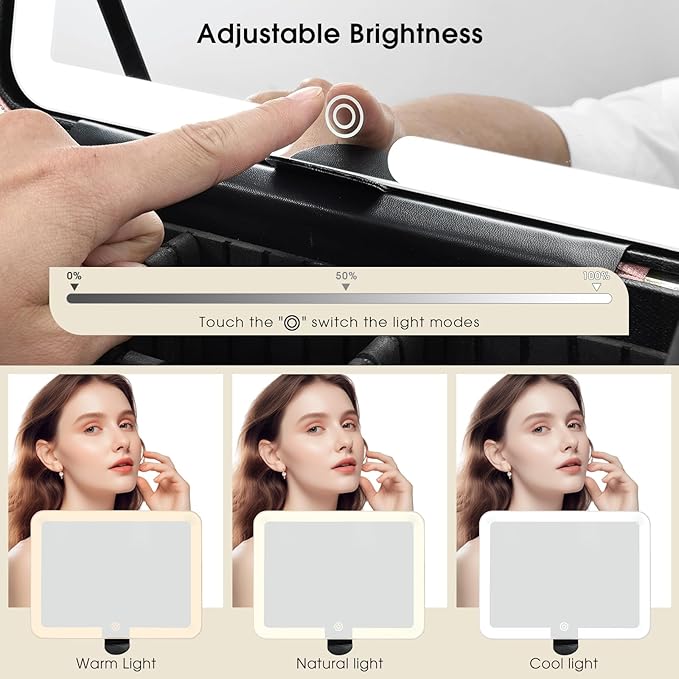 Leather Makeup Case with LED Lighted Mirror 11.4 Inch Travel Makeup Bag Adjustable Brightness in 3 Colors Cosmetic Organizer Artist Storage Bag with Dividers Brush Holder Storage Vanity Watery Blue