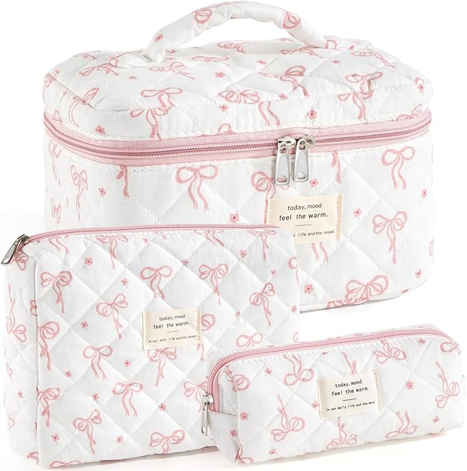 Makeup Bag for Women 3PCS Quilted Cotton Make Up Bag Travel Cosmetic Bag Large Makeup Bag Set Cute Bow Organizer Floral Toiletry Pouch for Purse, Bow B