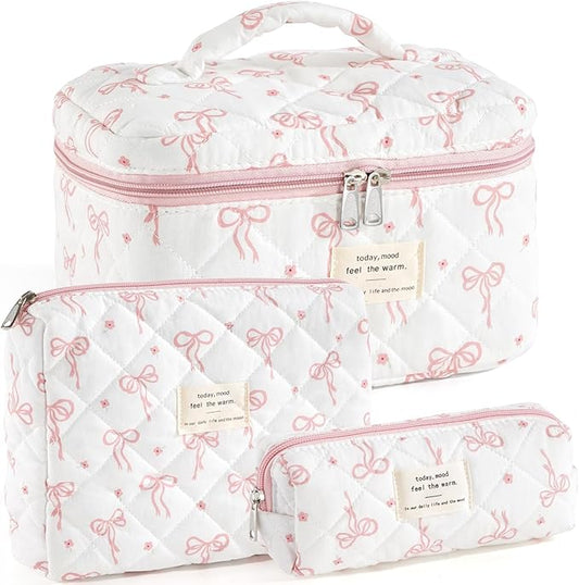 Makeup Bag for Women 3PCS Quilted Cotton Make Up Bag Travel Cosmetic Bag Large Makeup Bag Set Cute Bow Organizer Floral Toiletry Pouch for Purse, Bow B