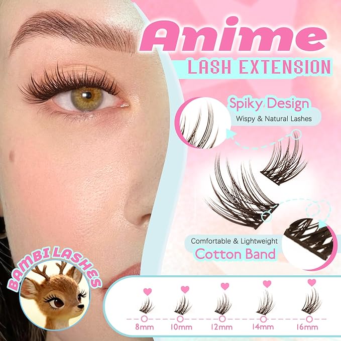 Lash Clusters Spiky Brown Manga Lash Clusters Looks Like Eyelash Extensions 144Pcs 8-16MM C Curl Doll Anime Cluser Lashes Thin Band Soft Doe Eyed Individual Lashes (Lavender-Brown)