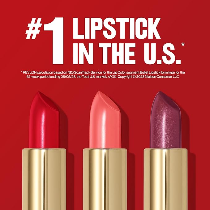 REVLON Super Lustrous Lipstick Gift Set, 5-Piece, Creamy Formula, Moisturized Feel, 755 Bare It All, 477 Black Cherry, 535 Rum Raisin, 805 Candied Rose, 810 Uncut Ruby